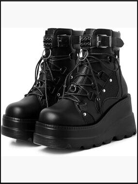Gothic Platform Ankle Boots Lace Up Buckle Studded Wedge Combat Booties Chunky
